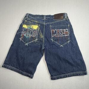 Vintage Y2K 2000s Embroidered Akademiks Baggy Wide Leg Denim Shorts Size 34